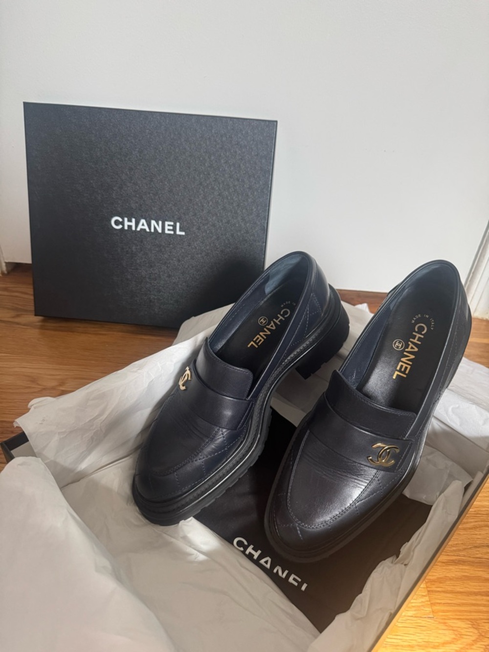 Chanel 23A Navy Blue Loafers Moccasin